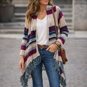Maurices Cardigan Sweater Medium Multicolor Crochet Pattern Open Knit Fringe NWT